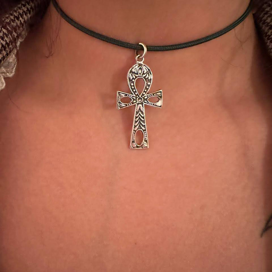 Egyptian Ankh Cross Silver Pendant with Magnetic Choker