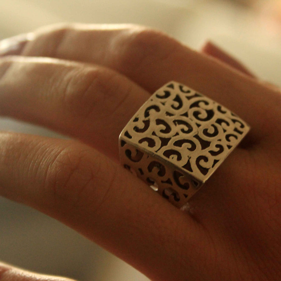 Vine-Engraved Chunky Silver Statement Ring