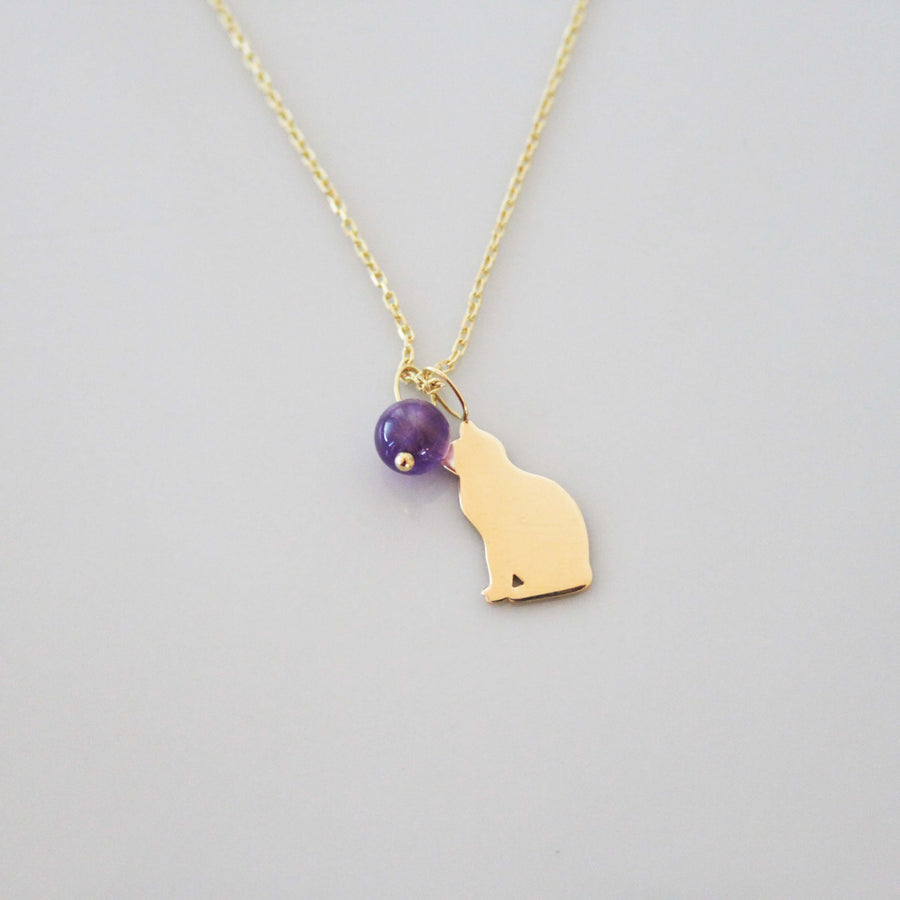 Cat Pendant Necklace with Amethyst - 18K Gold