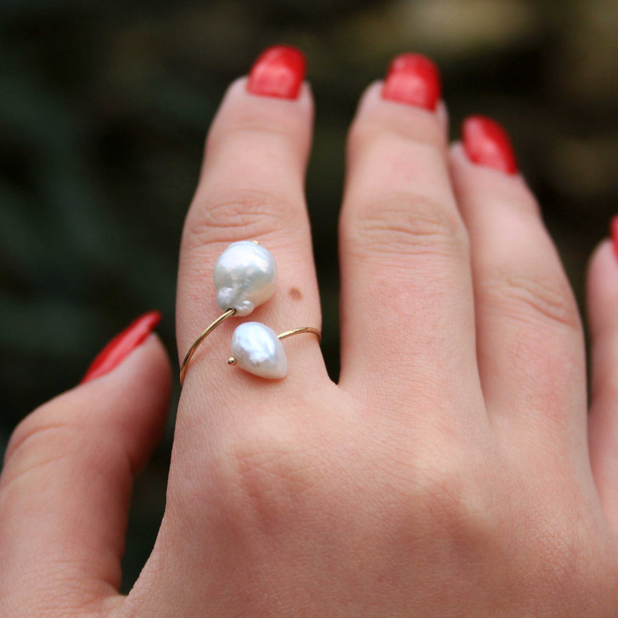 Double White Pearl Ring 18K Gold