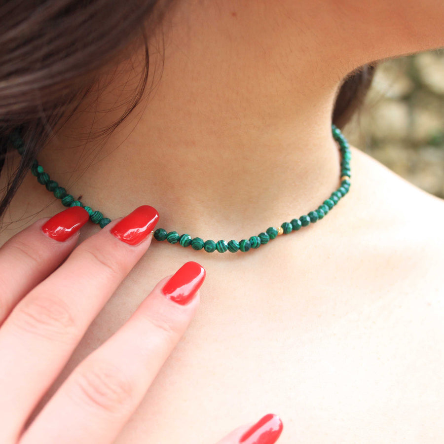 Malachite Tiny Beads Necklace 18K Gold