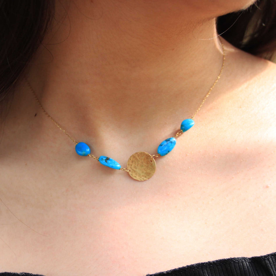 Turquoise Beads and Gold Coin Necklace 18K Gold