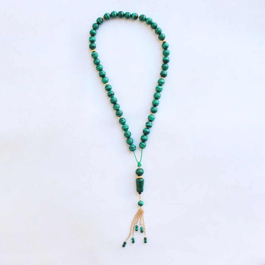 Malachite Gold Mala - Malachite Prayer - 18K Gold  مسبحة مالاكايت