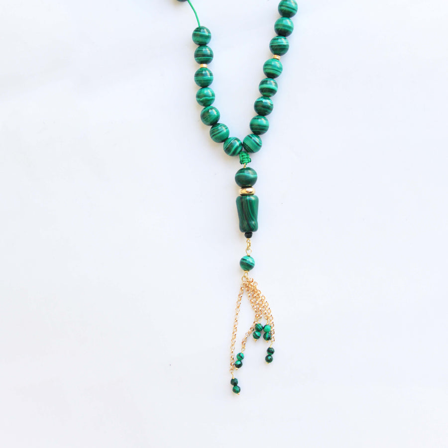 Malachite Gold Mala - Malachite Prayer - 18K Gold  مسبحة مالاكايت