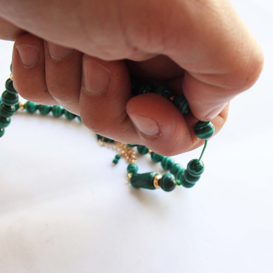 Malachite Gold Mala - Malachite Prayer - 18K Gold  مسبحة مالاكايت