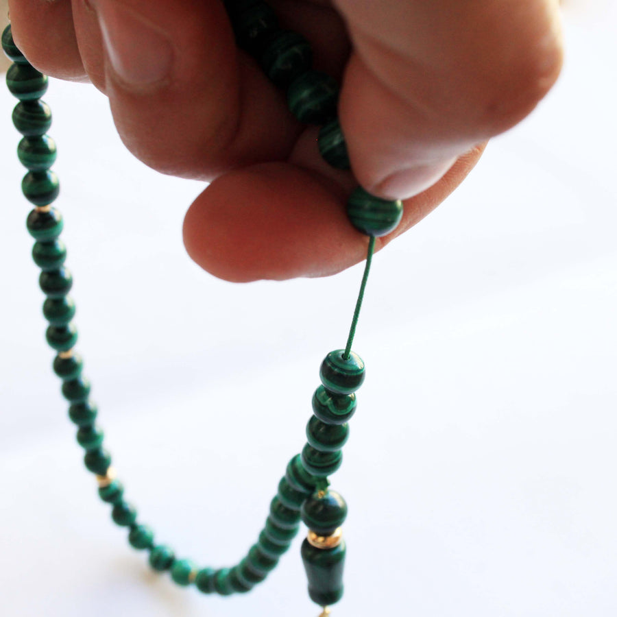 Malachite Gold Mala - Malachite Prayer - 18K Gold  مسبحة مالاكايت