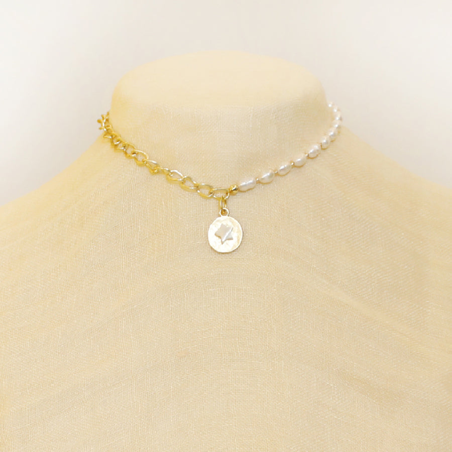 half gold chain half mother of pearls choker with medal pendant perfect gift for her