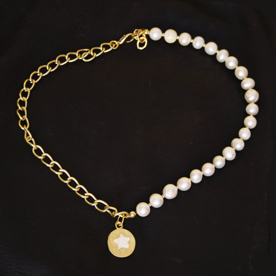 Half Pearls Half Gold Chain Necklace