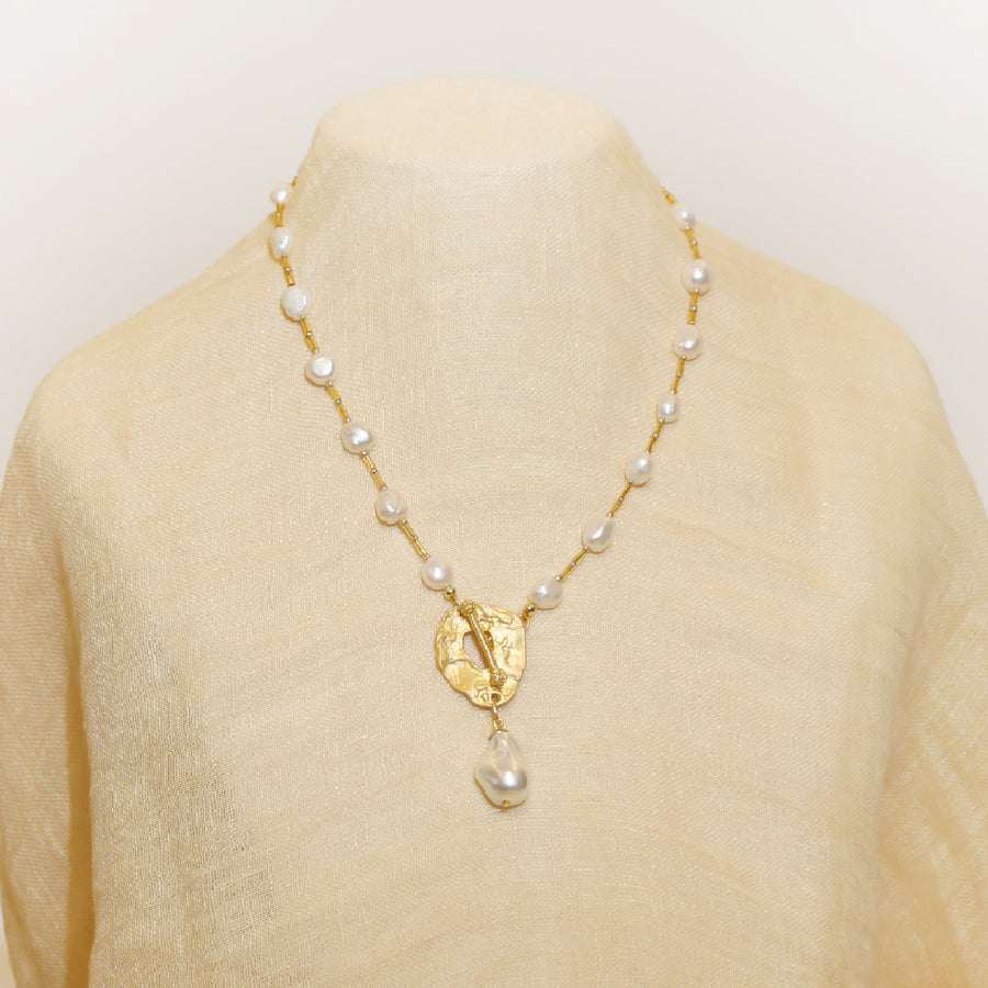 white pearl gold cable chain long necklace with a big pearl pendant