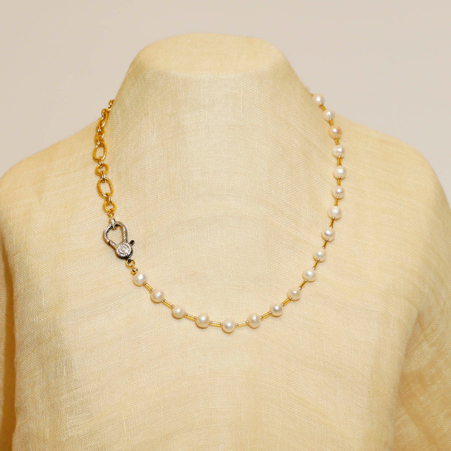 white pearl gold chain long necklace with zircom lobster claw closure